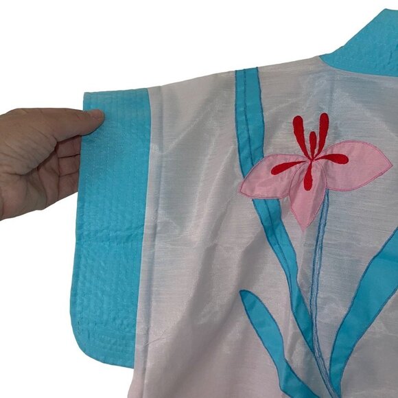 Lyre Bird Vintage Womens Robe Size Large Pink Floral Applique Short Belt Pockets - Picture 5 of 10